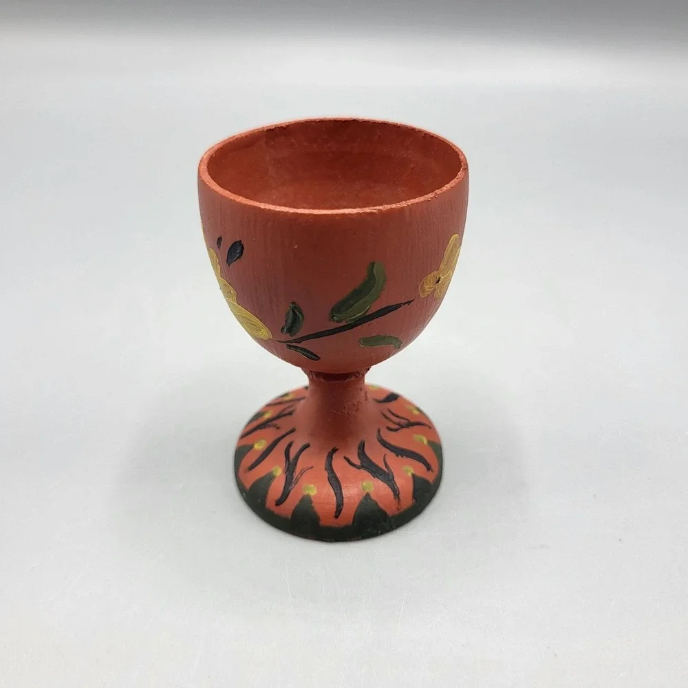 Vintage Wooden Hand Painted Egg Cup Red Floral Design Kitchen Art Folk Decor 2